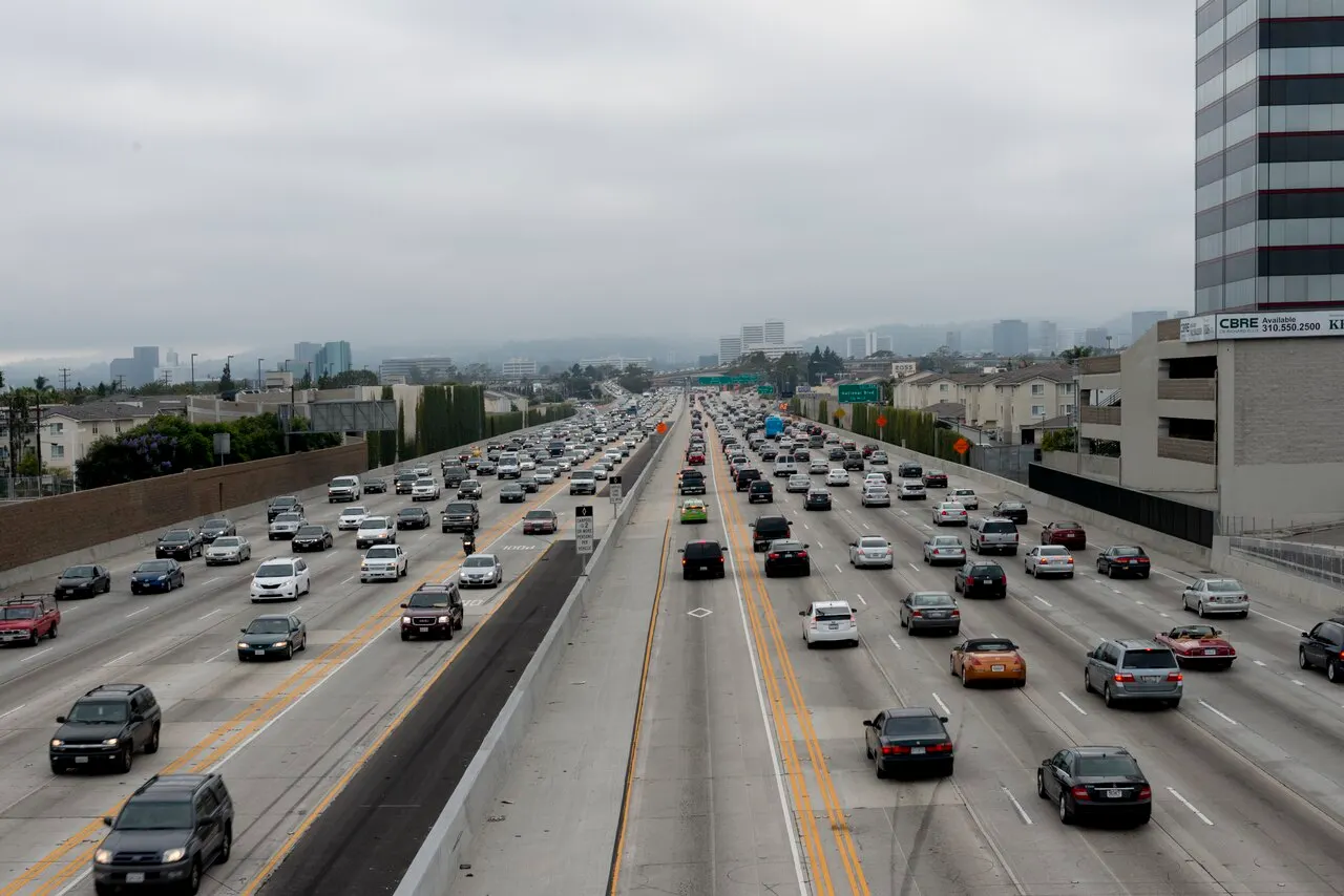 Heavy traffic in several lanes of Interstate 405 in Los Angeles