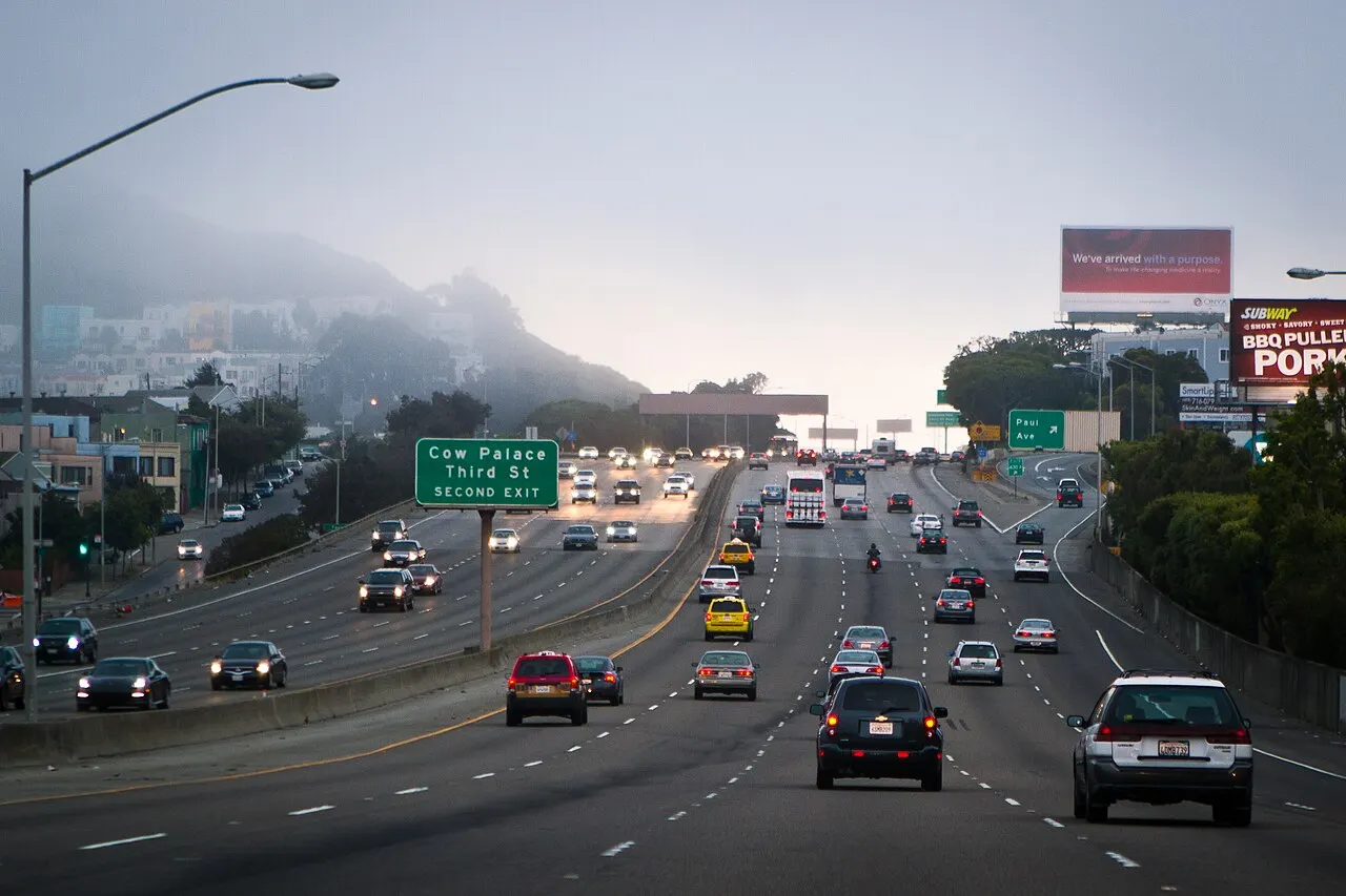 The Bayshore Freeway, US Route 101, under fog in San Francisco