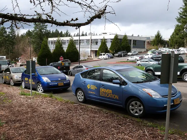 Driver education cars parked in a row at a college campus in Portland, Oregon