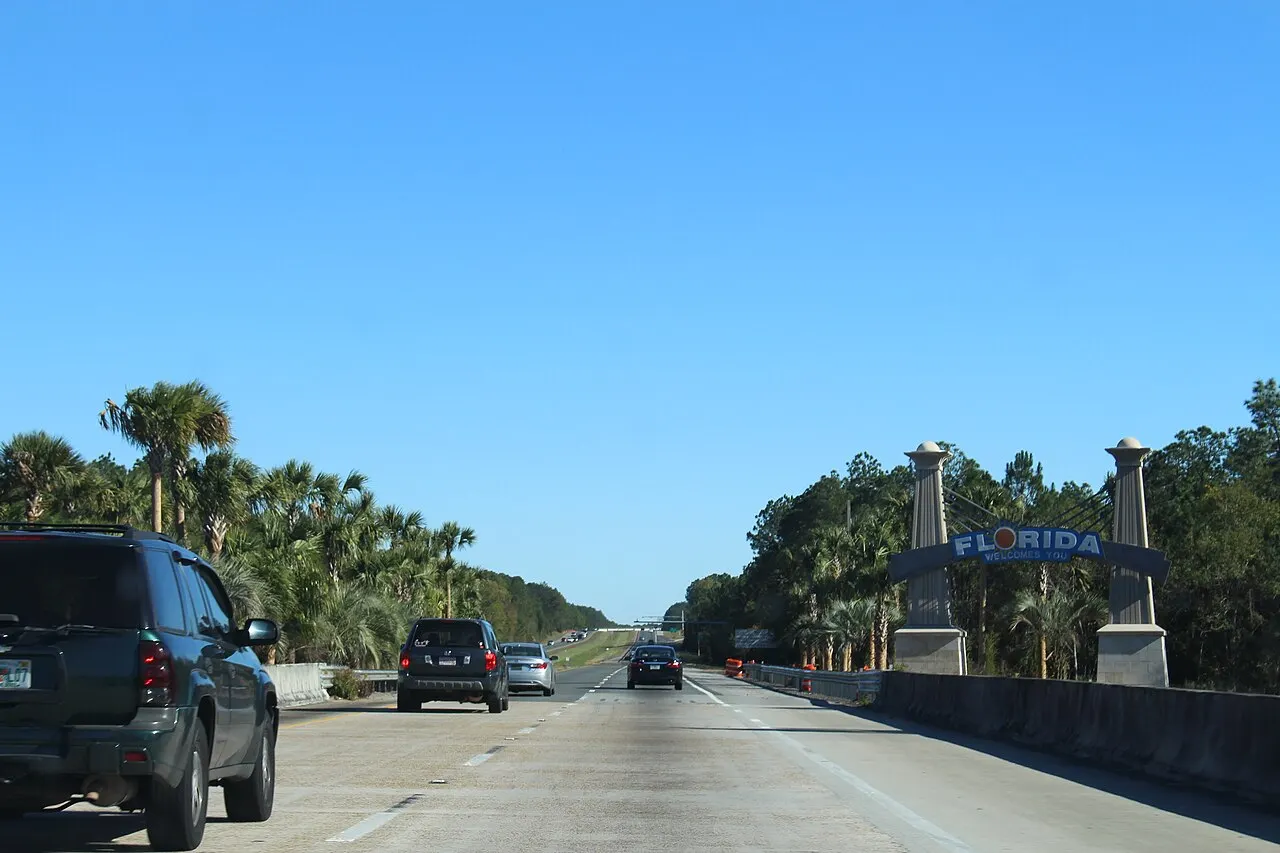 Welcome to Florida sign beside eastbound Interstate 10 at the Alabama state line
