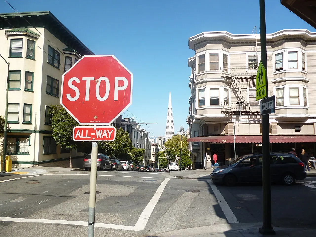 A stop sign with an ALL-WAY plaque beside a marked crosswalk at a residential intersection in San Francisco, California