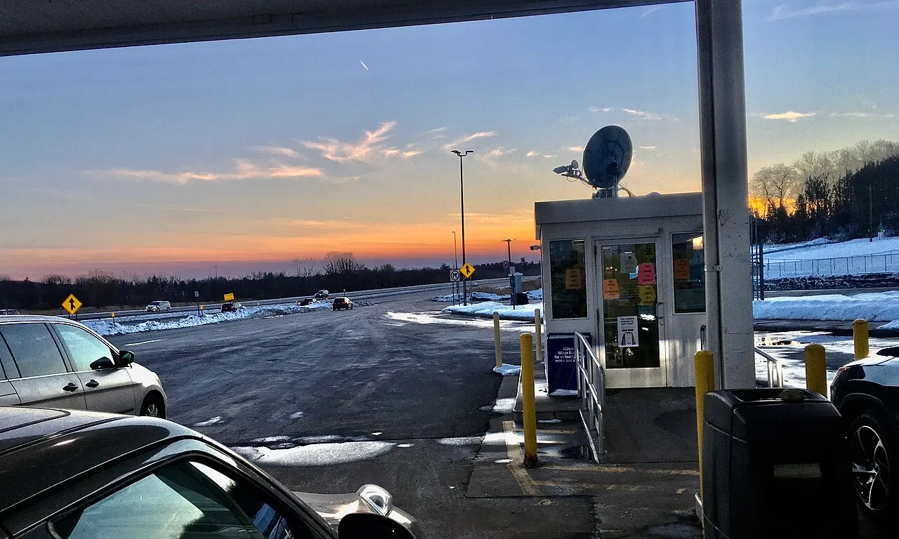 The sun setting over the westbound New York State Thruway near the Warners Service Area