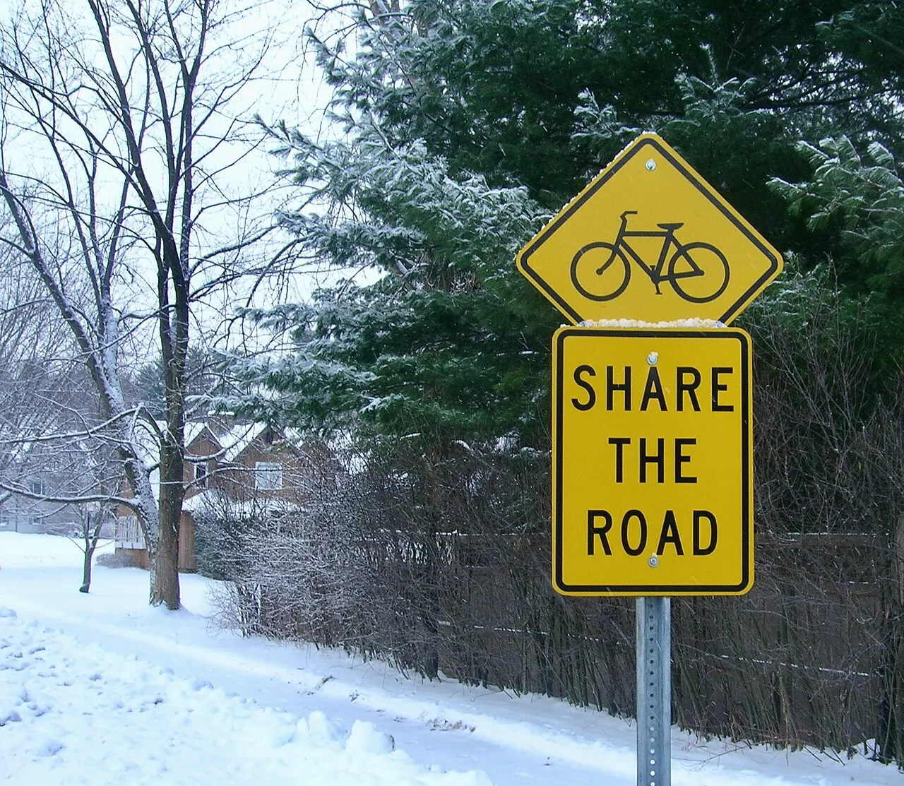 Yellow diamond bicycle warning sign above a SHARE THE ROAD plaque on a snowy roadside in South Burlington, Vermont