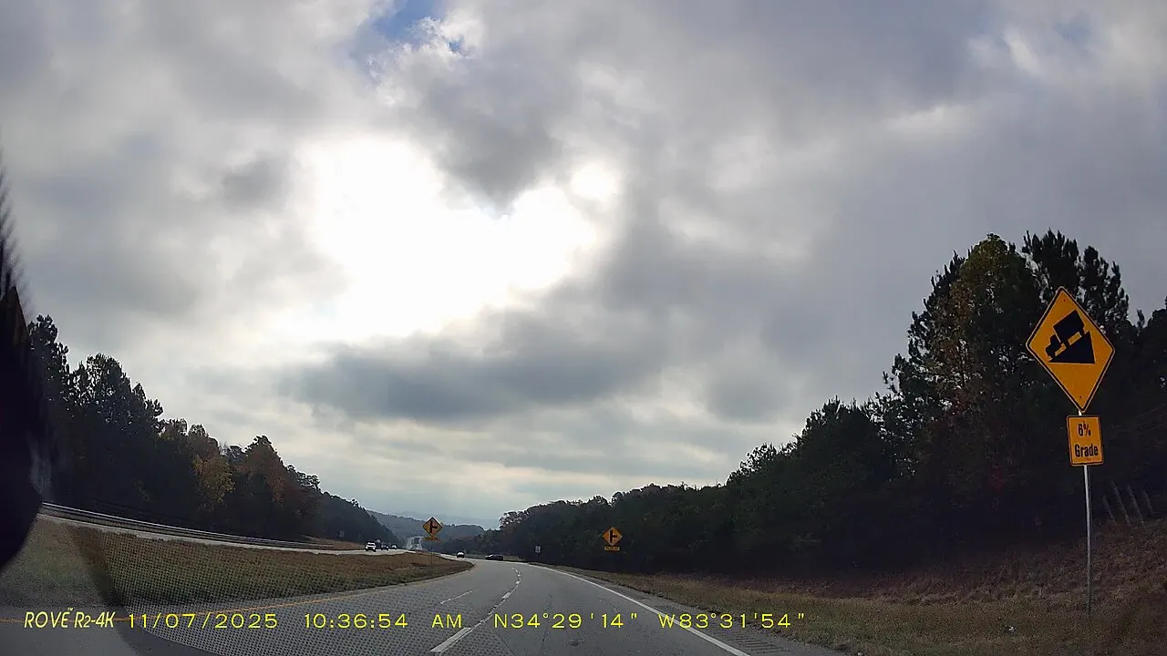 Yellow Hill warning sign showing a truck on a slope above a 6% Grade plaque beside southbound US 441 in Banks County, Georgia