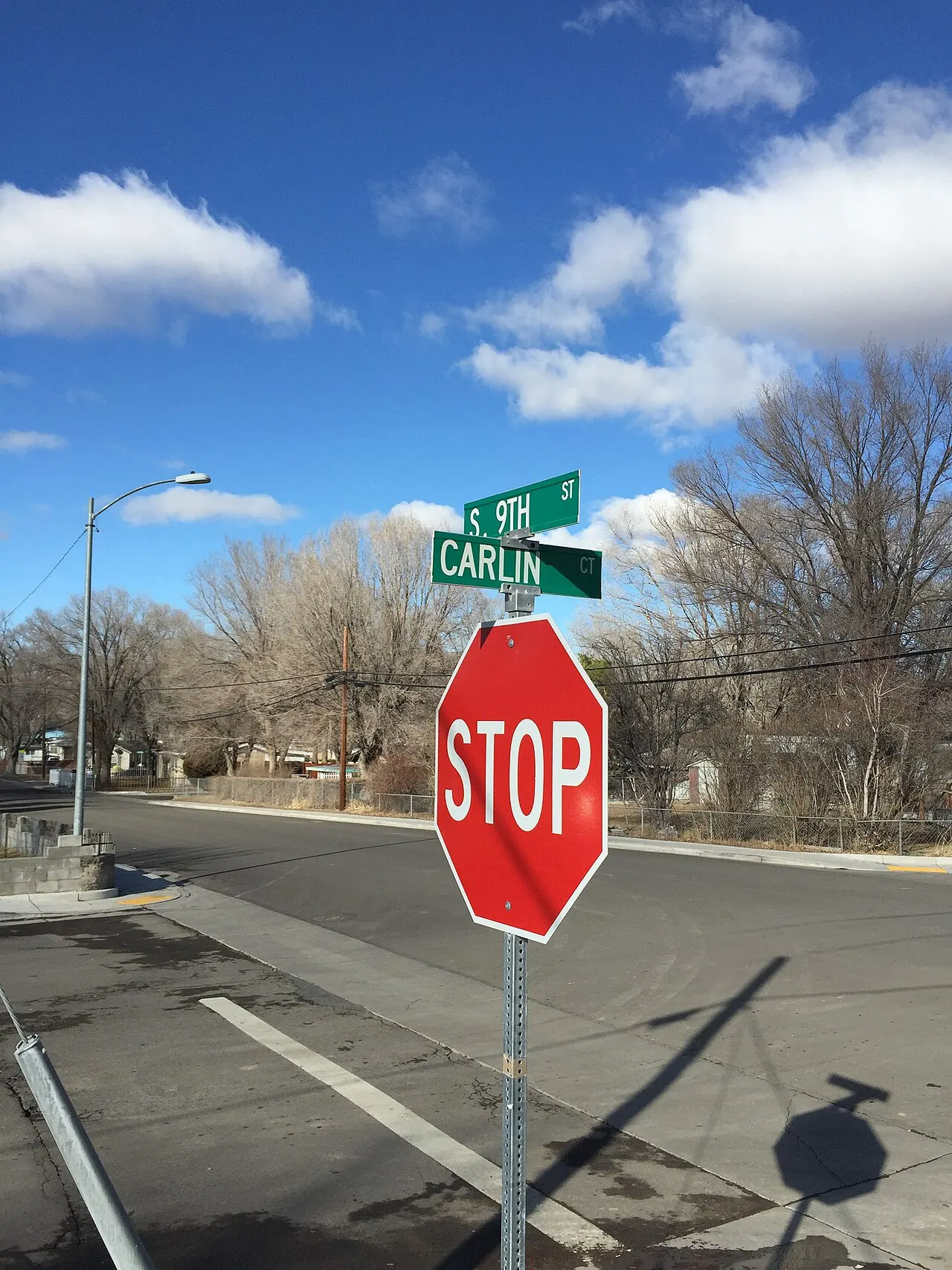 Stop sign under street name signs for South 9th Street and Carlin Court in Elko, Nevada
