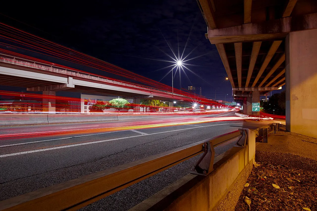Light trails from traffic on Interstate 35 in Austin, Texas, at night