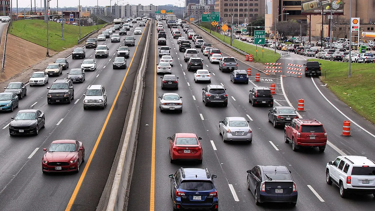 Weekend traffic on Interstate 35 through downtown Austin, Texas