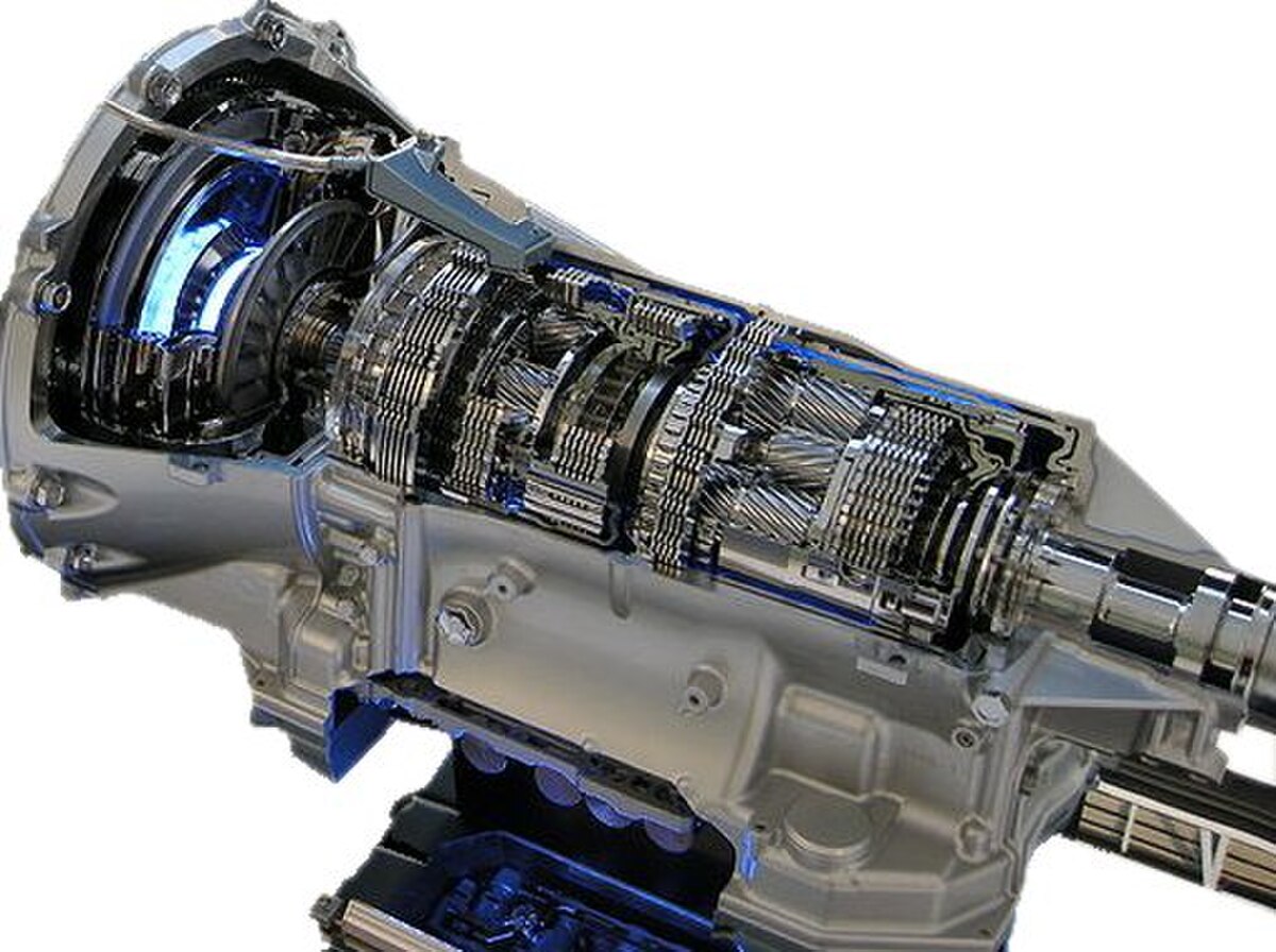 Cutaway diagram of an automatic transmission gearbox showing planetary gears and torque converter