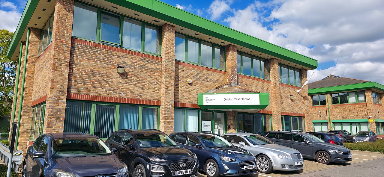 Chertsey DVSA driving test centre exterior, one of many test centres where autumn demand creates booking queues of three to four months