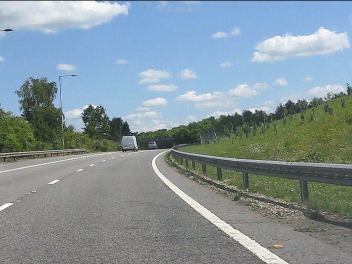 A UK motorway slip road junction, the kind of road geometry that defines real test routes