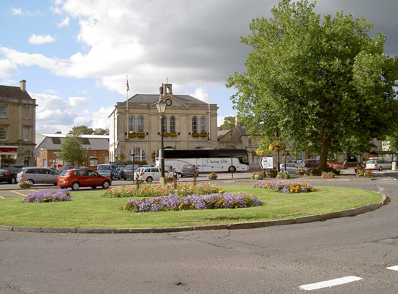 A landscaped UK town-centre roundabout
