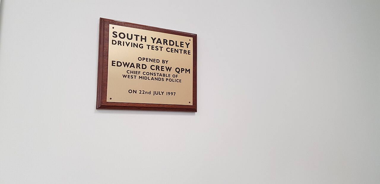 Commemorative plaque in the waiting room at Birmingham South Yardley DVSA test centre