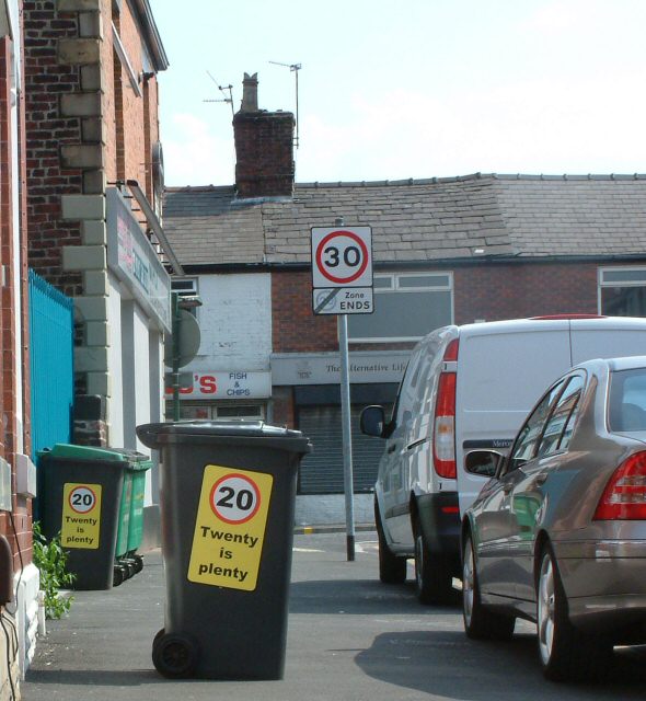 A UK 20mph residential sign, the kind of low-limit zone where new-driver speeding offences pile up fast